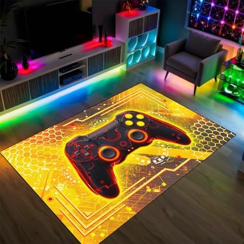 Gaming Rug for Boys Room, 4'6" x 6' Cool Gamer Rug for Teens Boys Bedroom Playroom, Game Controller Carpet Gaming Carpet for Office Computer Chair Floor Mats Decor, Yellow - Image 3
