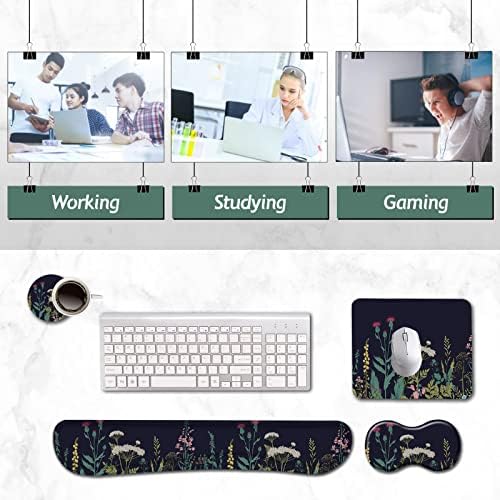 AIMSA Keyboard Wrist Rest Support + Mouse Pad + Mouse Wrist Rest + Coaster, Ergonomic Memory Foam Anti-Slip Rubber Base 4 PCS Set Easy Typing Pain Relief, Flowers Plants - Image 5