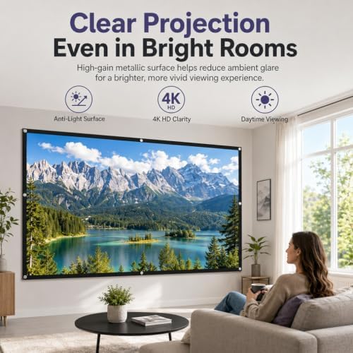 Metallic Anti Light Projector Screen Outdoor 4k HD 16:9 Projection Screen Indoor Portable Foldable Ambient Light Rejecting Daytime Wall Mount Wrinkle-Free Fast Setup for Home Theater (Thick#2, 120in) - Image 2