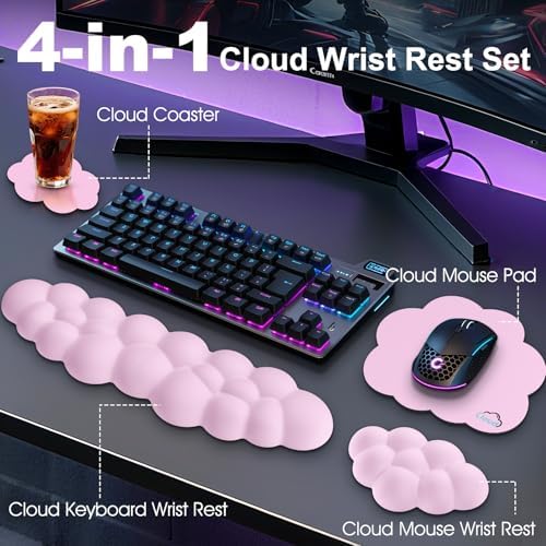 Cloud Wrist Rest Keyboard Cushion and Cloud Mouse Pad, Pink | 4-in-1 Ergonomic Cloud Keyboard Wrist Rest Set, Memory Foam, Arm Support for Palm, Cute Desk Accessory for PC Gaming Setup - Image 2