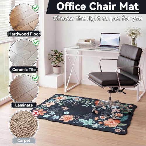 Breling Office Chair Mat for Hardwood Floor & Tile Floor, 36" x 48" Large Anti-Slip Floors Protector, Under Desk Gaming Rug for Rolling Computer Chair for Office Home(Black,Floral Scallop Edge) - Image 3