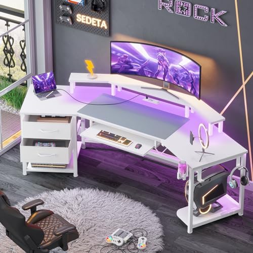 SEDETA 79" Gaming Desk with Fabric Drawers Storage, LED Light & Power Strip by SEDETA