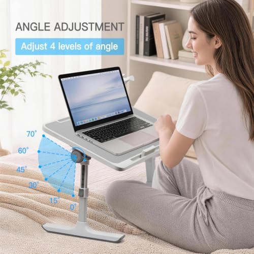 Lap Desk with Cooling Fan, LED Light and USB Port, Adjustable Laptop Desk with Storage Drawer, Foldable Laptop Table for Bed Sofa Work Study, Portable Computer Desk (Grey) - Image 2