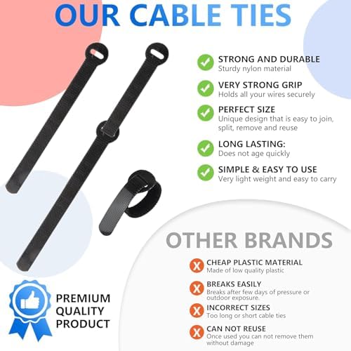 100 x Colourful Reusable Cable Ties, Cable Straps, Adjustable Cable Ties, Strong Hook and Loop Cable Straps with Buckle for TV Cables, PC Cables and Desk Organisation - Image 3