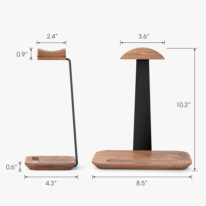 UPERGO Walnut Headphone Stand, Wood Headset Holder with Storage for Desk | Solid Walnut & Aluminum, Anti-Slip Base, Universal for Gaming Headsets & AirPods Max, Extra Storage Tray - Image 6