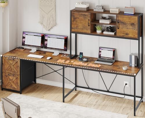 SEDETA Farmhouse L Shaped Office Desk with Drawers, Hutch, Power Outlet - Image 3