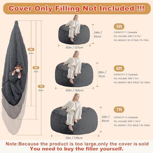 Bean Bag Chair Cover(No Filler) Soft Faux Fur Stuffed Animal Bean Bag Storage, Fluffy Plush Bean Bag Chair Cover Washable, Comfy Bean Bag Chairs for Adults, 6FT, Dark Grey - Image 2