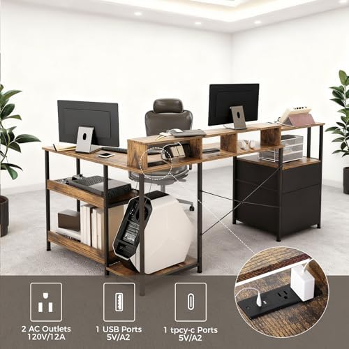 GTPLAYER 73" L Shaped Gaming Desk, Reversible Computer Desk with Power Outlets & LED Lights, Home Office Corner Desk with Storage Shelves, Monitor Stand, and Tower Space, Vintage Brown - Image 5