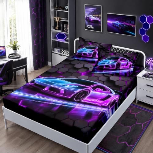 HOSIMA Kids Boys Race Car Twin Bedding Sets,1 Fitted Sheet+2 Pillowcases. by HOSIMA