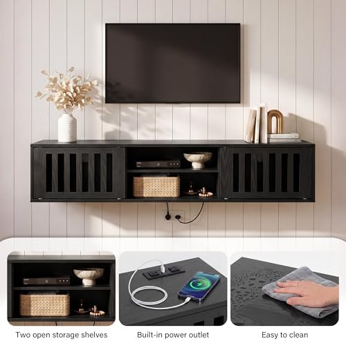 59" Floating TV Stand Wall Mounted with Power Outlet, Black - Image 5