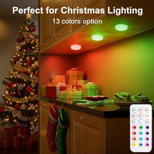 BLS LED Puck Lights with Remote Control, Wireless Under Cabinet & Closet Lighting, RGB 13 Color Changing Lights with Dimmer, Timer & AA Battery Operated, Push, Touch, Stick on for Night, White, 6 Pack - Image 2