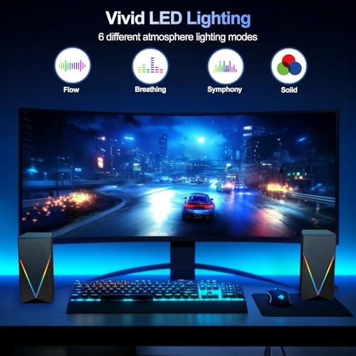 Computer Speakers, Desktop PC Speakers with 6 Colorful RGB Lights, Headphone Jack, Enhanced Bass and Volume Control, USB Powered & 3.5mm Aux Gaming Speakers for Laptop Monitor PC Tablet Phone - Image 5
