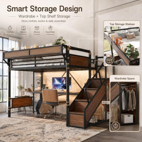 KEIKI Queen Size Metal Loft Bed Frame with Staircase & Built-in Desk & Wardrobe, Loft Bed with Pegboard & Mesh Storage Baskets & Slats, No Box Spring Required, Easy Assembly, for Bedroom, Black - Image 5