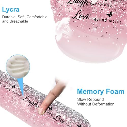 Keyboard Wrist Rest and Mouse Pad Wrist Support Set with Coasters,Ergonomic Gaming Mousepad for Home Office Working Studying Easy Typing & Pain Relief,Live Love Laugh Quote Pink Sparkle Glitter - Image 5