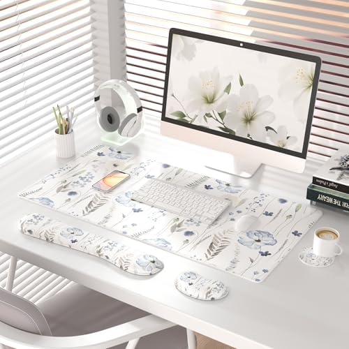 QiyI PU Leather Desk Mat Set, 4-in-1 Ergonomic Wrist Rest, Wildflowers - Image 2