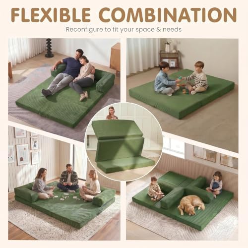 Convertible Sofa Bed Queen,5-in-1 Boneless Couch with Removable Armrests & Handle,Corduroy Futon Sleeper Sofa,Floor Folding Mattress Pull Out Bed for Small Space Apartment Living Room Bedroom,Green - Image 3