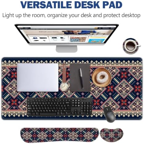 AIMSA Desk Mat Set Bohemian, Large Mouse Pad + Mouse Wrist Rest + Keyboard Wrist Support + Coaster, Navy Blue Gaming Mouse Pad Combo for Home Office - Image 3