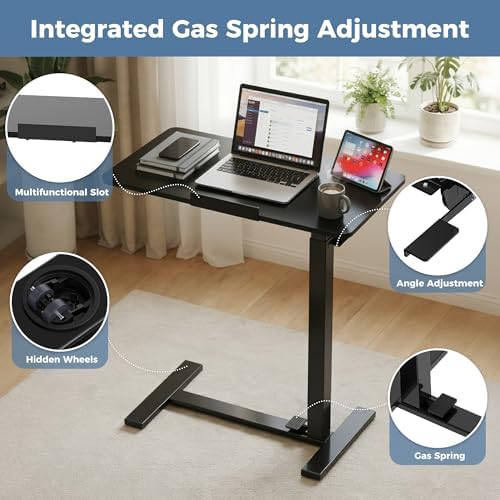 DUMOS Overbed Table with Wheels, Height-Adjustable Bedside Table, Black - Image 5
