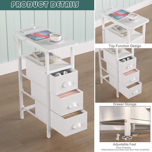 Sthmec End Table with Charging Station,Narrow Side Tables with USB Ports and Outlets,Skinny Bedside Tables with 3 Drawers,Small Tables Nightstands for Small Space,Slim Sofa Table for Livingroom, White - Image 5
