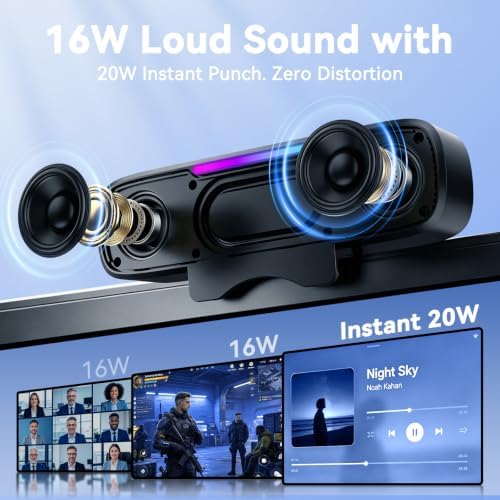 OHAYO Computer Speakers for Desktop PC Monitor, USB Plug-in Laptop Speaker Bar with G-Sensor, BT 6.0, Loud Sound with Deep Bass, RGB Light, Easy Clip-on Design, Volume Knob, USB-C Adapter (Black) - Image 2