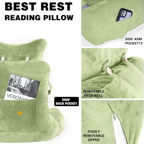SLIGUY Reading Pillow-Bed Rest Pillow with Detachable Neck Roll & Higher Support Arm for Sitting in Bed Couch or Floor-Backrest Reading Pillow Adult Back Pillow for Reading/Watching TV/Gaming,Green - Image 3
