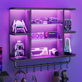 REIBII 34" Gaming Floating Shelves, LED Wall Mounted Shelf with Adjustable Glass Shelf, 7 Tiers Display Rack with 8 S-Hook, Gaming Room Decor Wine Coffee Bar, Black Carbon Fiber by REIBII