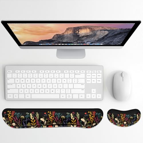 Dapesuom Enlarge Keyboard Wrist Rest, Memory Foam Wrist Cushion for Desk Mats Support, Typing Pain Relief Keyboard Mouse Pad Rests Set with Non-Slip Base for Gaming Laptop Computer, Floral Cartoon - Image 2