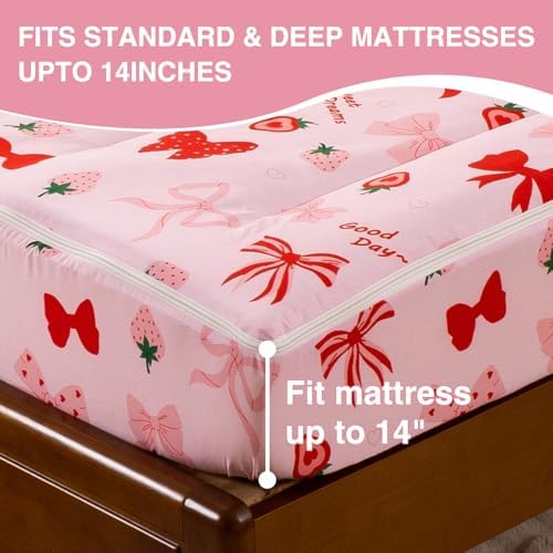 A Nice Night Zipper Bedding for Girls Chic Bow Comforter Set,Strawberry Printed Cute Ribbon Bowknot Kids Bedding Set,Twin Size - Image 7