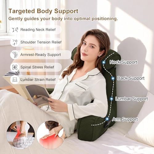 Corduroy Reading Pillow, Backrest Pillow for Sitting Up in Bed, Bed Rest Back Support Cushion for Daybed Sofa Couch, Lounge Pillow with Arms, Side Pockets & Washable Cover, Avocado Green - Image 3