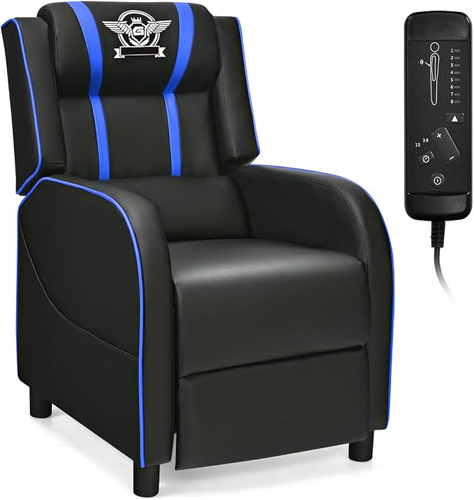 Giantex Gaming Recliner Chair, Adjustable Massage Gaming Chairs for Adults, Ergonomic Comfortable Lounge Leather Sofa w/Footrest, Remote Control & Side Pocket, Racing Style Single Sofa Recliners, Blue by Giantex