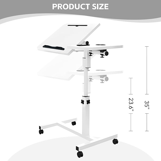 Overbed Table with Wheels Adjustable Height, Tiltable Desktop with Tray, Over Bed Table Rolling Bedside Tables, Medical Mobile Standing Desk, for Hospital Office Bedroom Sofa, White - Image 3