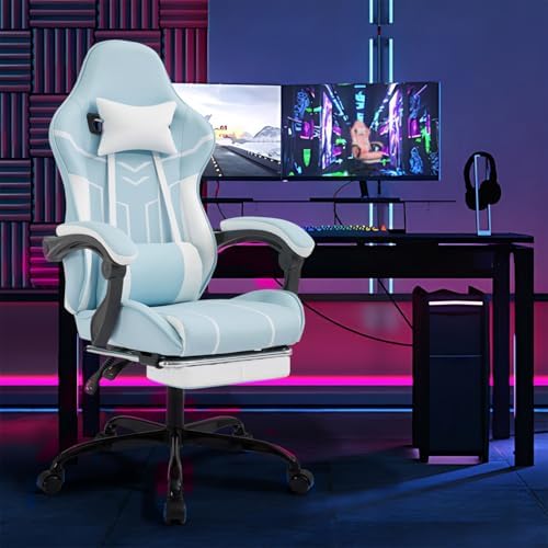 Gaming Desk Chair for Adults, Ergonomic Gaming Chair (Blue+White) | with Footrest & Headrest and Lumbar Support, Leather Material Height Adjustable computer Video Game Chairs - Image 2