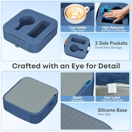 Couch Cup Holder Pillow, Couch Caddy for Drink, Snack, Phone, Remote, Game Controller, Removable and Washable Cup Cozy Pillow, Small Sofa Cup Holder Tray for Bed, Car, Desk, Sofa, Blue - Image 3