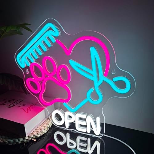 Mutank Pet Shop Open Neon Sign, Paw Neon Light USB Powered LED Dimmable Scissors Sign, for Pet Shop Business Sign Pet Spa Pet Salon Animal Clinic Decor Pet Grooming and Welcome Sign(13.3 * 12.2 In) - Image 2