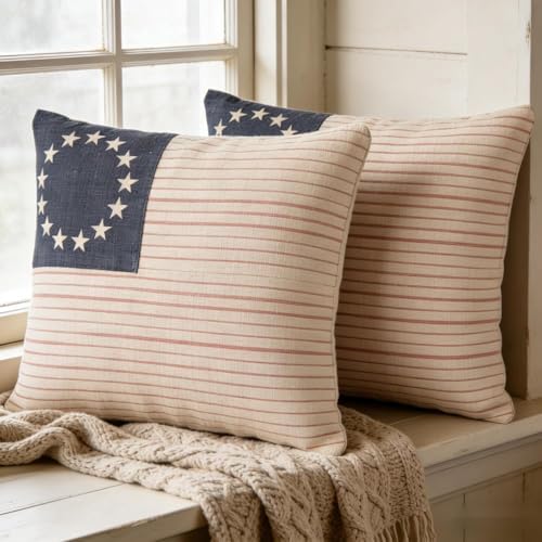Patriotic American Flag Throw Pillow Covers, Linen, 16x16 Inch, Set of 2, Farmhouse Style, Machine Washable - Image 6