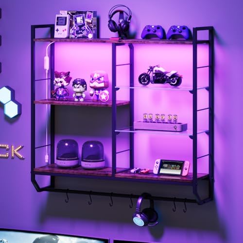 EYCOAL Gaming Floating Shelves, Wall Mounted Wooden Decor Display Shelf with 34" LED Lights and Adjustable Glass Bar Wine Shelf, Extra Hanging Hooks Storage for Gaming Room and Living Room - Image 7