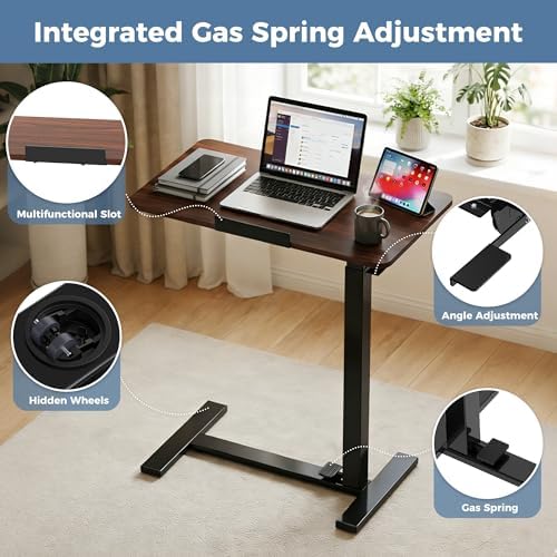 DUMOS Overbed Table with Wheels, Height-Adjustable Bedside Table, Brown - Image 5