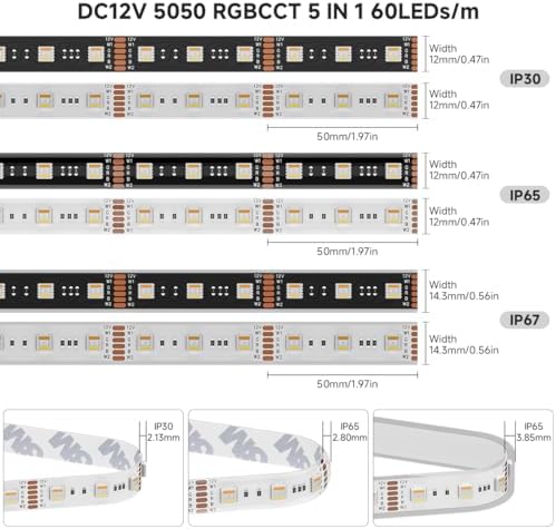 BTF-LIGHTING RGBCCT LED Strip UL Listed 16.4ft 60LED/m 300LED DC12V IP67 - Image 5