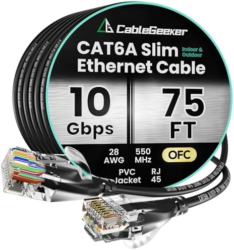 CableGeeker Cat 6A Slim Ethernet Cable 75ft, 10Gbps, Black by CableGeeker