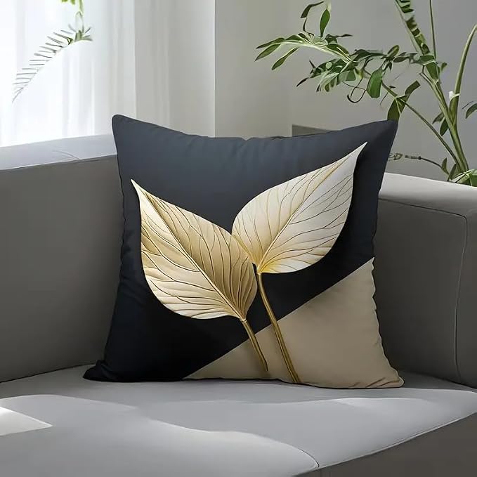 2pcs Modern Decorative Linen Throw Pillow Cover, Black and Beige with Gold Leaf Design, Square Cushion Case for Home Decor，Luxurious Black & Beige/White Accents, 18x18 Pillows Pillowcase - Image 6