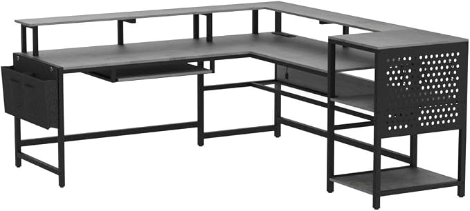 SEDETA L Shaped Gaming Desk, Convertible 96" Home Office Desk or Corner Desk, L Shaped Table with Power Outlets & LED Strip, Monitor Stand, Keyboard Tray, Pegboard and Storage Shelves, Grey - Image 5