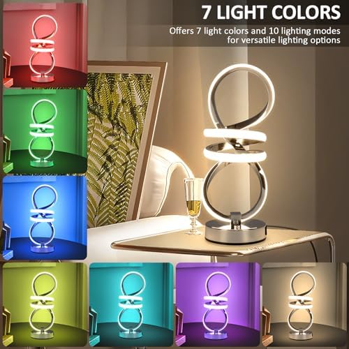 EIDISUNY RGB Spiral Table Lamp, Modern LED Table Lamp, Chrome Cool Bedside Lamps, 7 Colors & 10 Light Modes Touch Dimmable LED Nightstand Lamp with USB/Type C for Bedroom, Living Room,Silver - Image 3