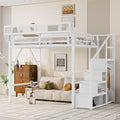 KEIKI Full Size Metal Loft Bed Frame with Convertible Staircase, Built-in Storage Shelves and Wardrobe, Loft Bed with Solid Slats, Guardrail, No Box Spring Required, Easy Assembly, for Bedroom, White by KEIKI
