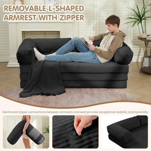 Convertible Sofa Bed Full,5-in-1 Tri-Fold Boneless Couch with Removable Armrests & Handle,Corduroy Futon Sleeper Sofa,Floor Folding Mattress Pull Out Bed for Small Space Apartment Bedroom Black - Image 4