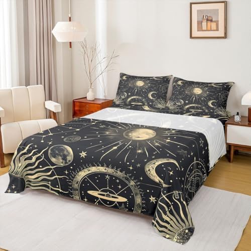 Erosebridal Bohemian Sun Moon Sheet Set Twin Galaxy Top Sheet Constellation Fitted Sheet Starry Sky Bed Sheet Exotic Style Golden Black Room Decorative Flat Sheet Cartoon Deep Pocket Fitted Sheets - Image 2