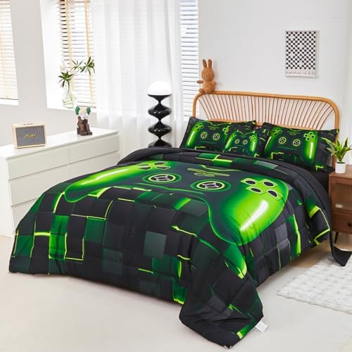 PERFEMET 6 Pcs Gaming Bedding Set Queen Size Green Game Console Kids Bed in A Bag 3D Black Gamer Comforter Set with Sheets for Boys Teen Lightweight Video Gamepad Bedroom Set(Green, Queen) - Image 2