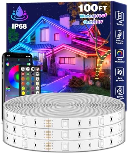 FBZ 100Ft Outdoor Waterproof LED Strip Lights,Music Sync RGB IP65 Led Lights with App Control and Remote,Color Changing Waterproof Led Rope Lights for Outdoor,Balcony,Roof,Garden,Stairs Party by Unknown