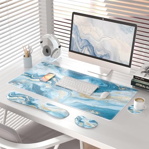 QiyI PU Leather Desk Mat Set, 4-in-1 Ergonomic Wrist Rest, Blue Fluid Art - Image 2