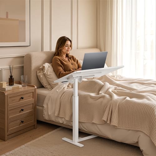 Mobile Standing Desk Adjustable Overbed Table, Pneumatic Height Adjustable Rolling Laptop Desk with Hidden Wheels, 0-180°Tilt Top Rolling Computer Cart Foldable for Home Office, Craft & Study, White - Image 2