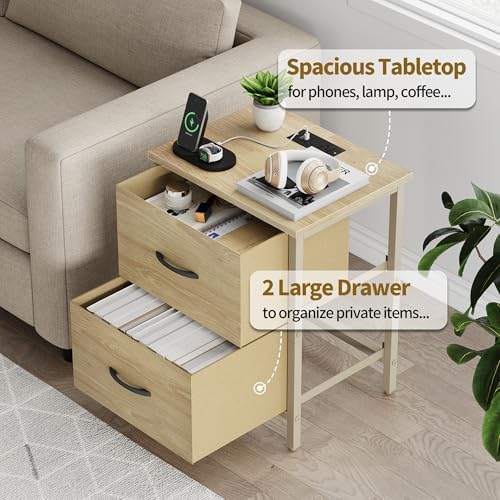 Vagusicc Nightstand with Charging Station, Bedside Table with USB Ports and Outlet, End Table Side Table with 2 Fabric Drawers for Bedroom, Living Room, Natural - Image 5